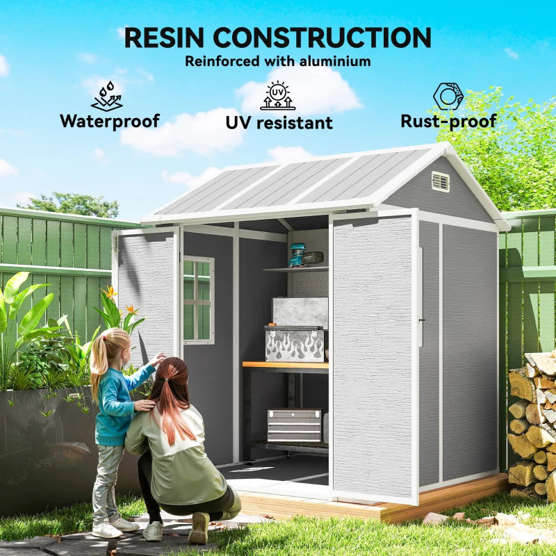 6ft x 6ft Garden Shed with Floor, Windows, Lockable Doors and Vents - Wood Effect Resin Tool Shed for Outdoor Patios