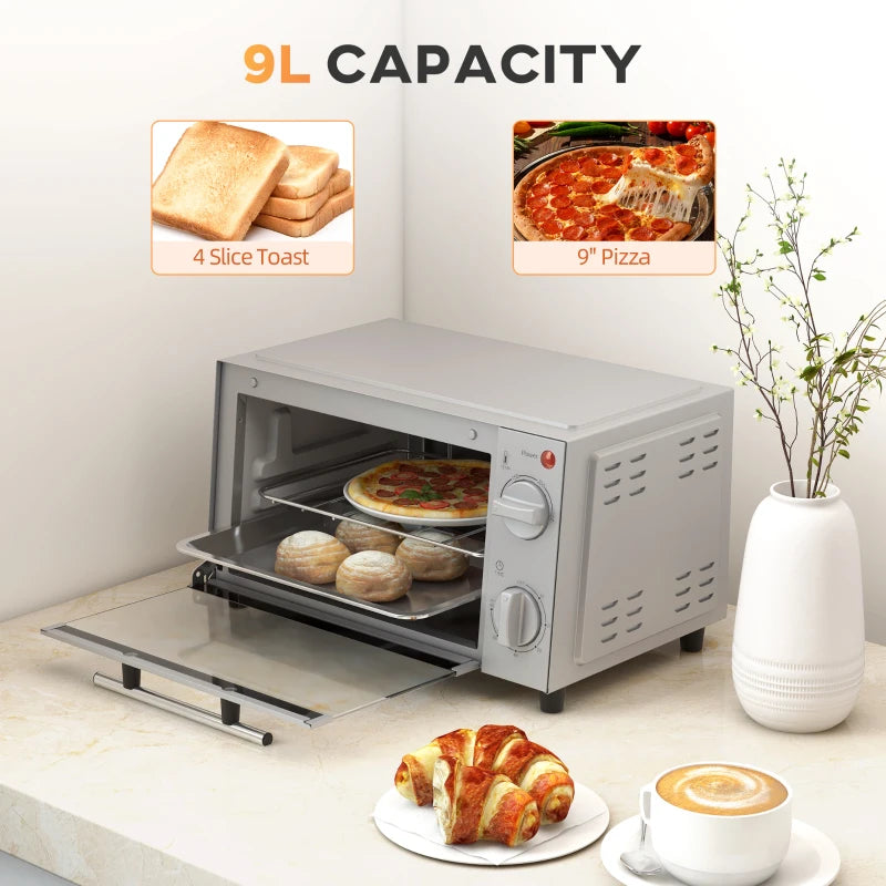 Compact 9L Mini Oven & Electric Grill - Adjustable Temp, Timer, Dishwasher Safe Tray, 750W, Silver Countertop Toaster Oven