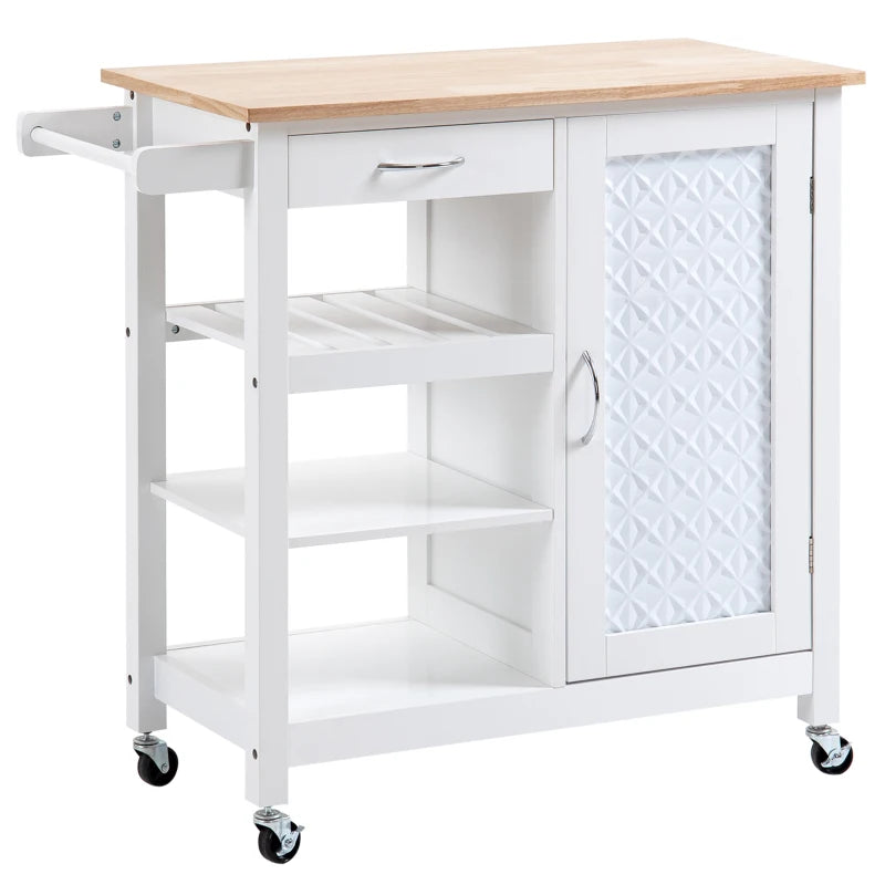 White Kitchen Trolley on Wheels - Utility Kitchen Island Cart with 3 Storage Shelves & Embossed Door Panel