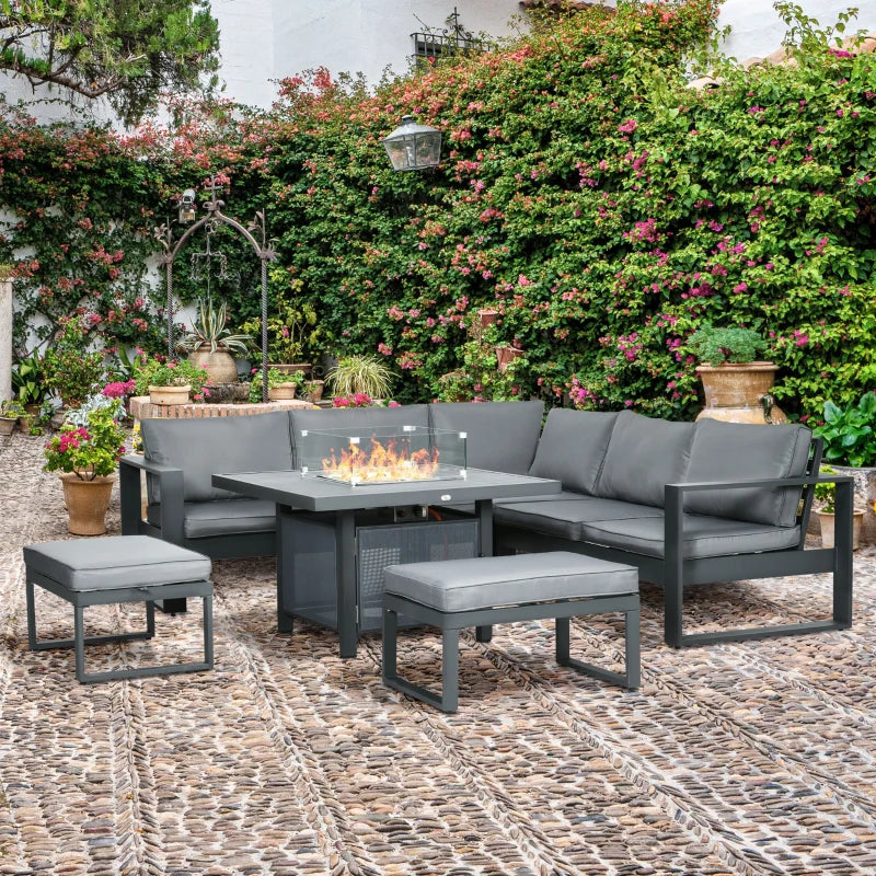 Grey Aluminium Corner Sofa Set With Fire Pit Table