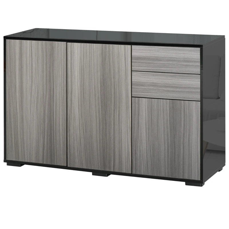 High Gloss Side Cabinet with Push-Open Design, 2 Drawers & 2 Cabinets, Light Grey & Black, 74H x 117W x 36Dcm
