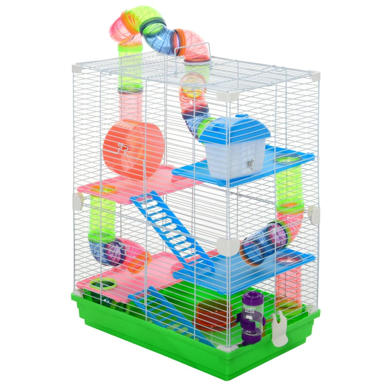 5-Tier Hamster Cage Carrier Habitat with Exercise Wheels & Tunnel - Green, Ideal for Active Small Pets