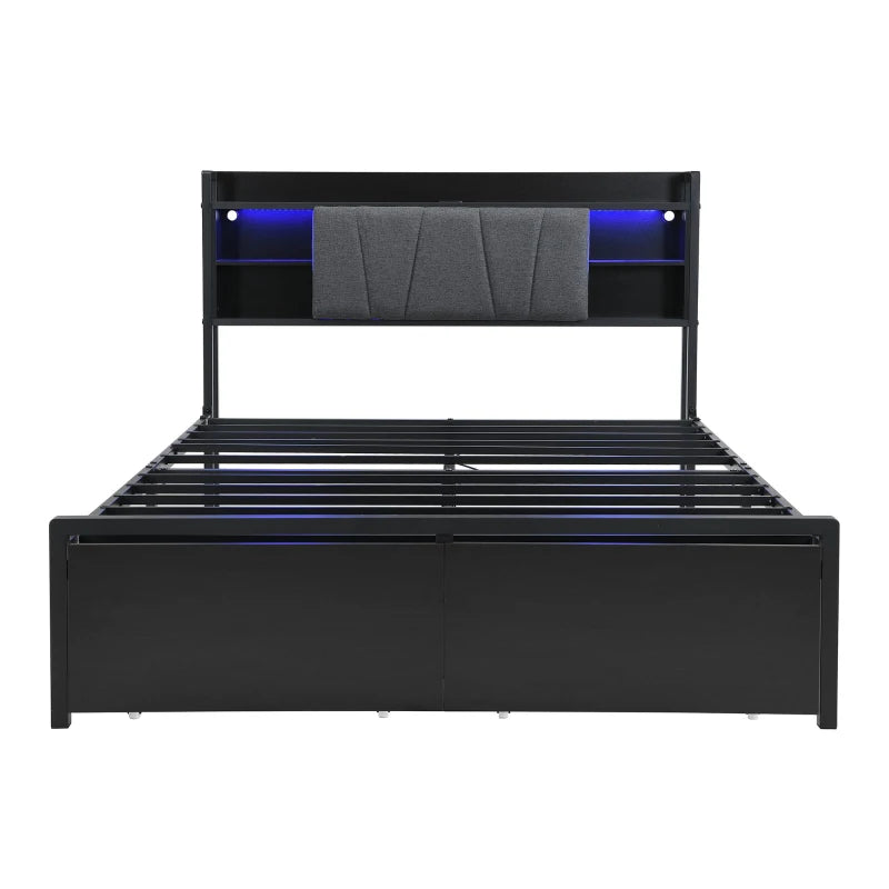 Modern Metal Bed Frame with LED Lights & Charging Ports, Storage Drawers, Padded Headboard, 209x137.5x100 cm, Black