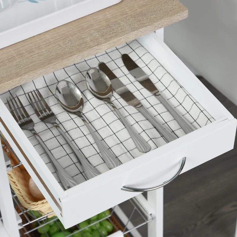 Rolling Kitchen Cart with 4 Basket Drawers & Side Racks - Utility Storage on Wheels for Dining Room - Natural & White