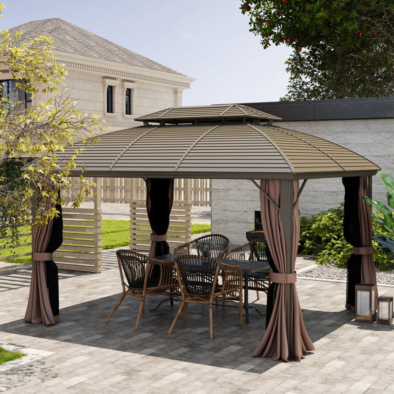 3.65m x 3m Hardtop Steel Gazebo Canopy - Aluminium Frame, Double Roof, Net Sidewalls & Curtains in Coffee