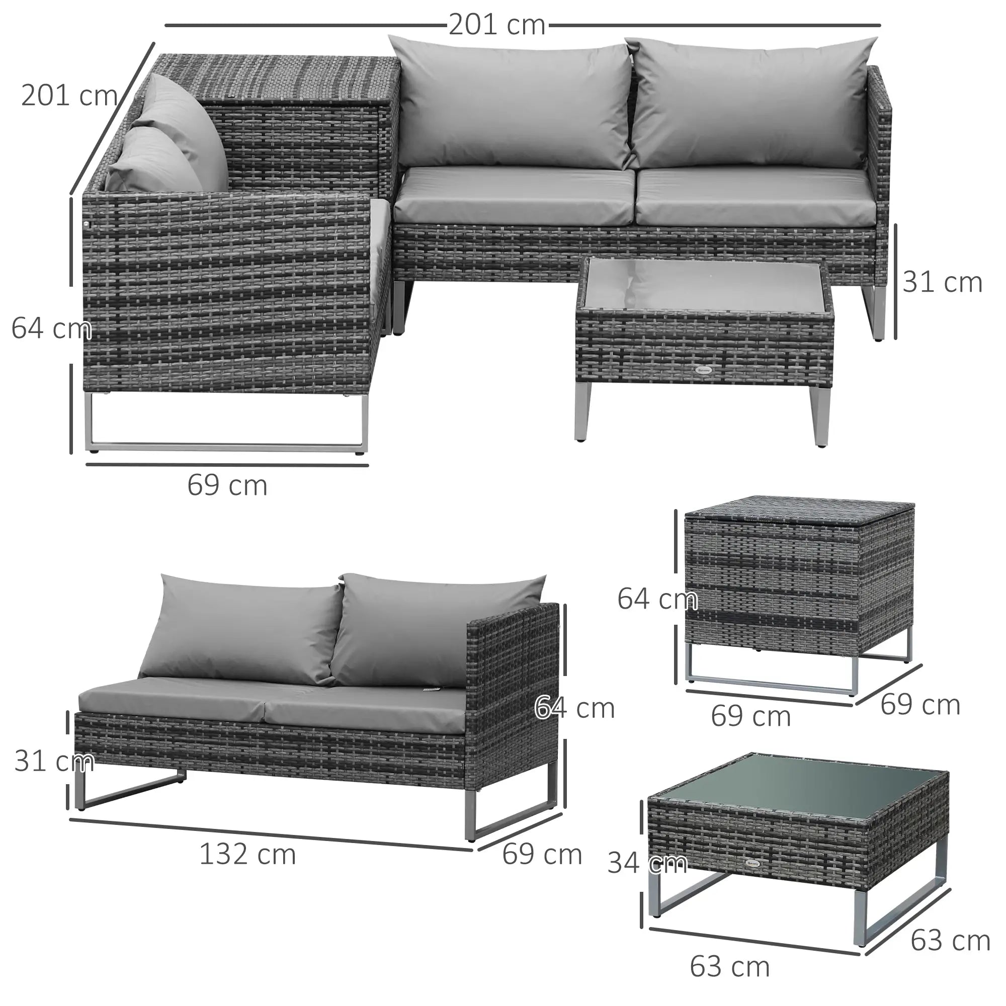 x2 Mixed Grey Rattan Sofas With Grey Cushions and Table Set with Side Storage - For Corner & Patio