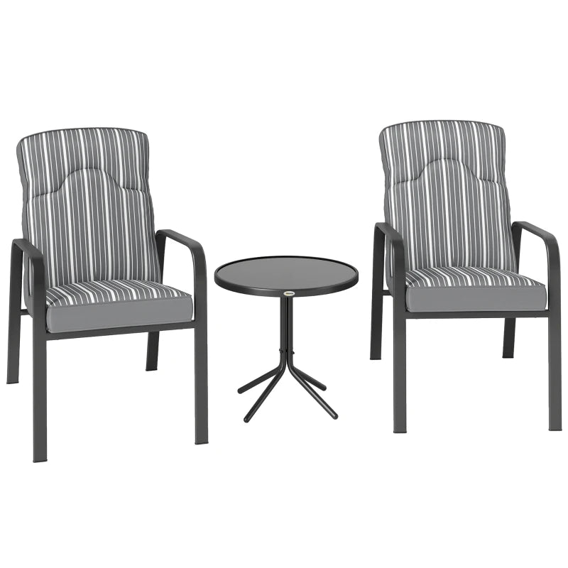 3-Piece Patio Bistro Set with Adjustable Recliner Chairs, Glass Table, Cushions - Grey Garden Furniture