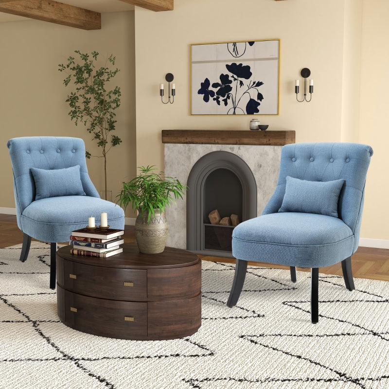 Upholstered Fabric Tub Chair with Pillow, Solid Wood Legs for Living Room and Bedroom, Set of 2, Blue