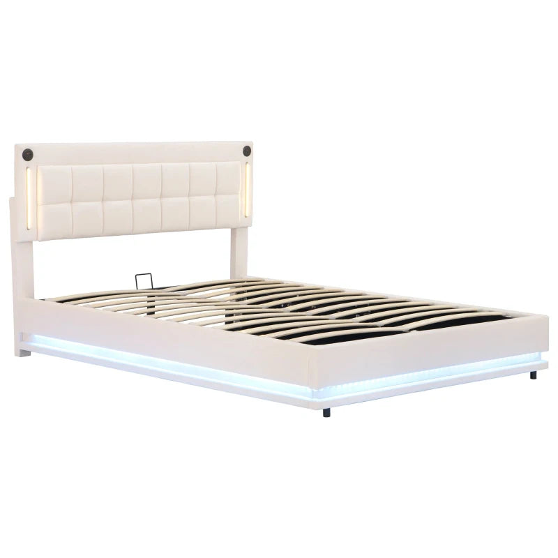 King Size LED Hydraulic Bed with Charging Station Adjustable Tufted Headboard Space Saving Design Beige