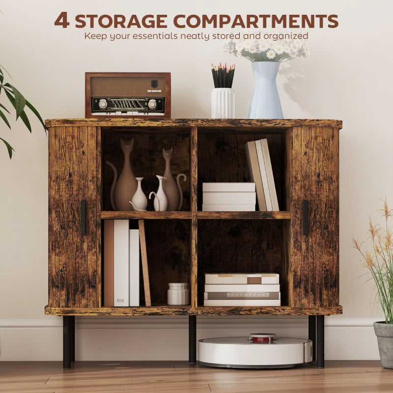 Mid-Century Modern Sideboard Storage Cabinet with Slatted Tambour Doors - Rustic Brown Kitchen Cabinet with Steel Legs
