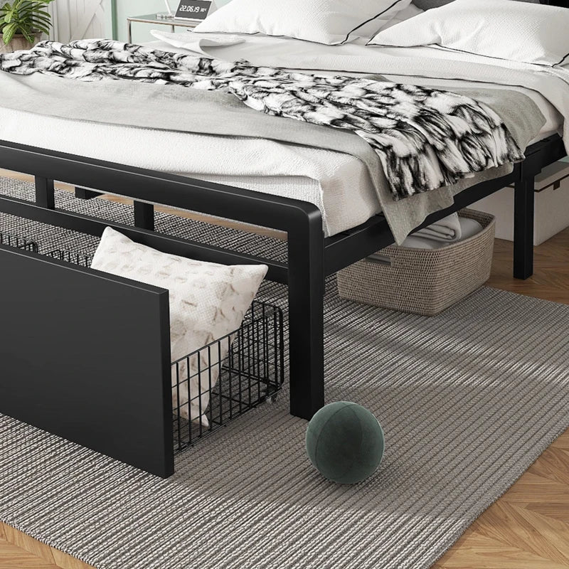 Modern Metal Bed Frame with LED Lights & Charging Ports, Storage Drawers, Padded Headboard, 209x137.5x100 cm, Black