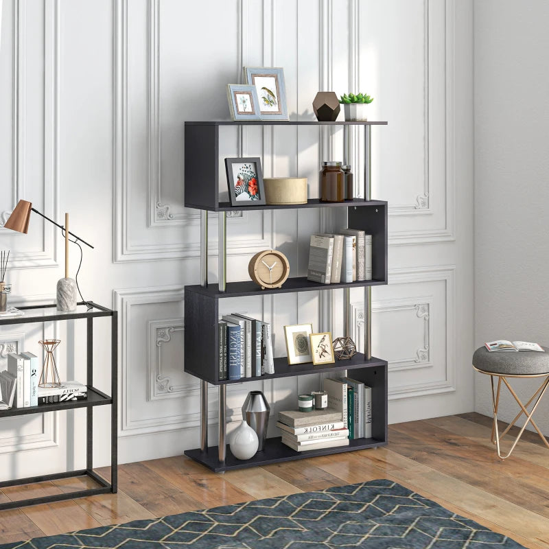 Modern S Shape Bookcase - 5 Tier Freestanding Bookshelf for Home Office, Study & Living Room - Black 80x30x145cm