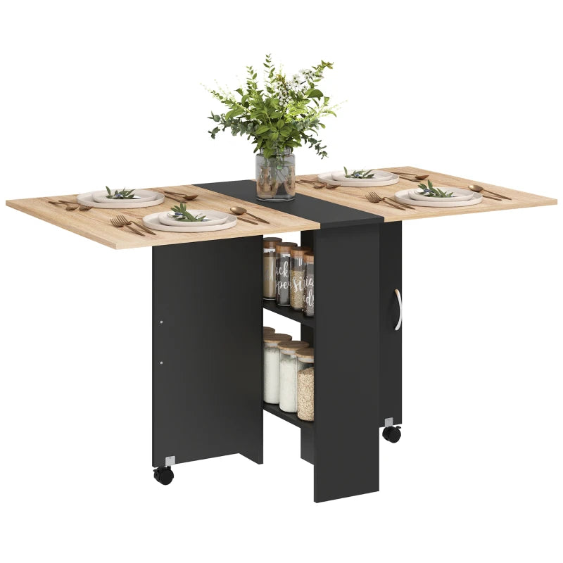 Folding Drop Leaf Dining Table with 2-Tier Shelves & Rolling Casters - Space-Saving Oak & Black Design for Kitchen