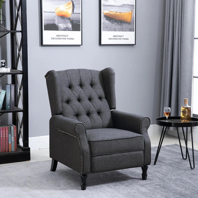 Vintage Wingback Recliner Armchair with Nail Head Trim and Footrest for Living Room in Dark Grey