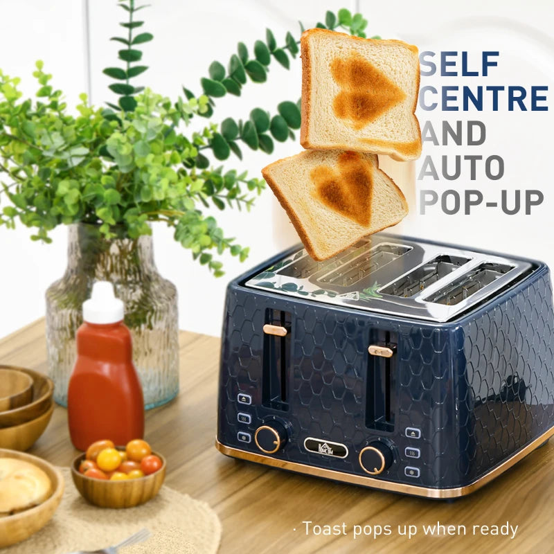 Blue Kettle and Toaster Set - 1.7L Fast Boil Jug Kettle & 4 Slice Toaster with 7 Browning Levels, UK Thermostat