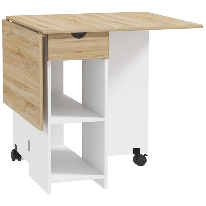 Folding Dining Table with Drop Leaf - Space-Saving Oak Table with Drawer & Storage Shelves for Kitchen & Dining Room