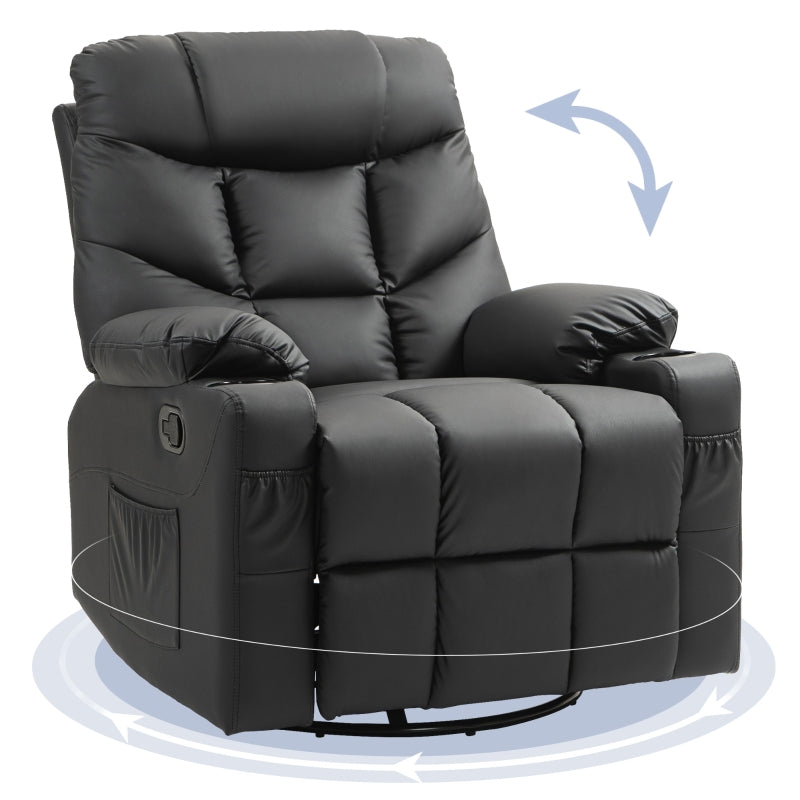 Manual Reclining Armchair with Swivel, Faux Leather, Footrest and Cup Holders - Black, 86x93x102cm