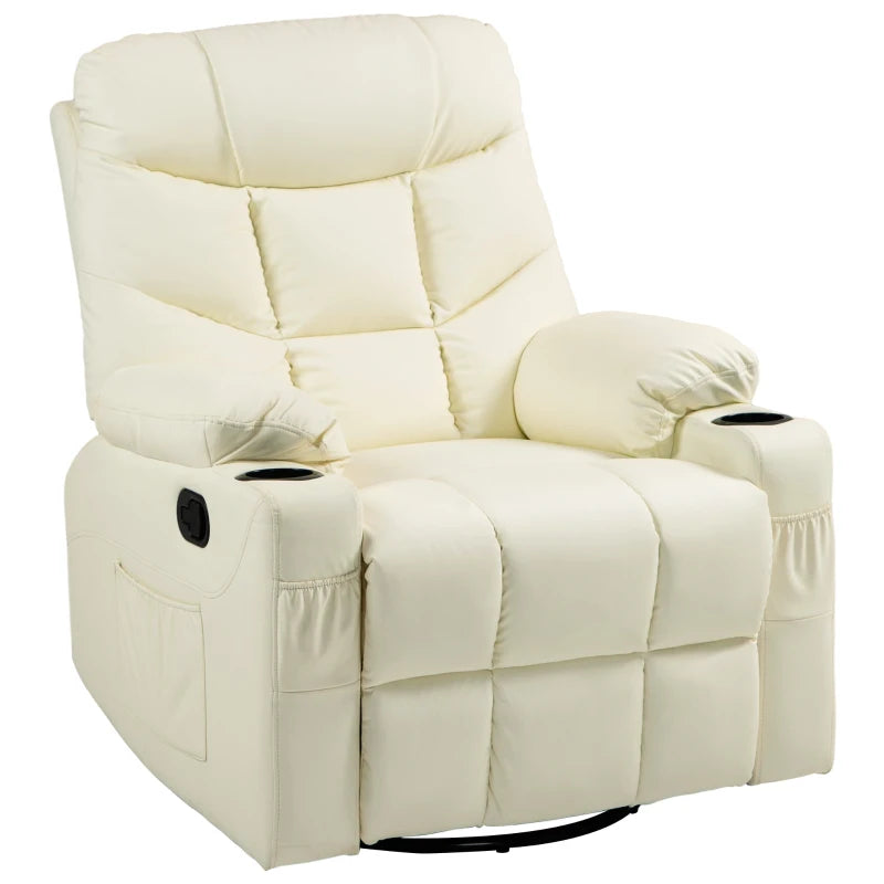 Manual Reclining Armchair with Swivel, Faux Leather, Footrest and Cup Holders - Cream, 86x93x102cm
