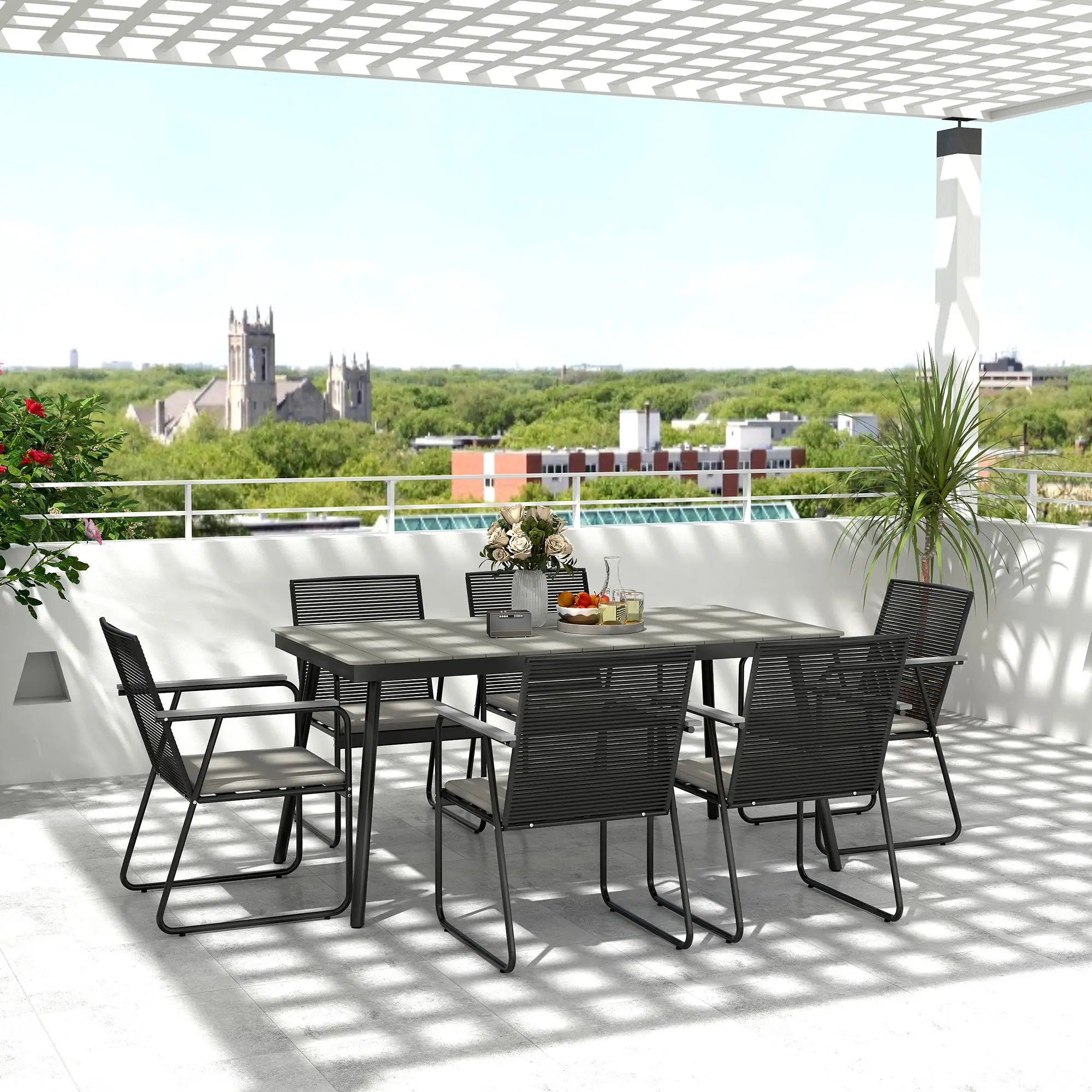 Grey 6 Seater Rattan Garden Dining Set with Cushions – Outdoor Patio Furniture with Rectangular Table