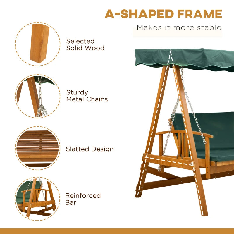 Dark Green 3-Seater Wooden Garden Swing Chair Hammock Bench