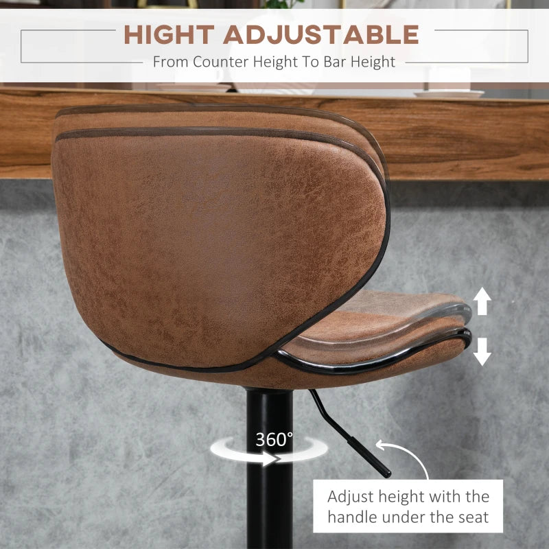 Adjustable Height Bar Stool Set of 2 - Brown Microfiber Swivel Armless Chairs for Kitchen & Dining