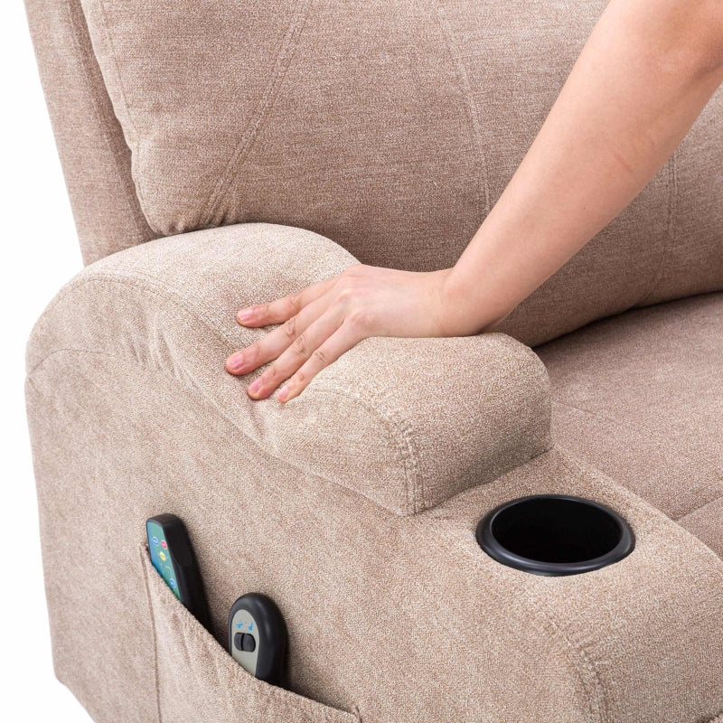 Electric Recliner Chair with Remote Control, Massage and Heating Features, Cup Holders and Side Pockets, Ideal for Seniors, Light Brown