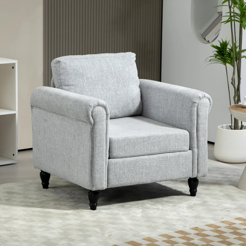 Vintage Upholstered Accent Chair with Back Pillow and Rolled Arms, Light Grey, Rubber Wood Legs