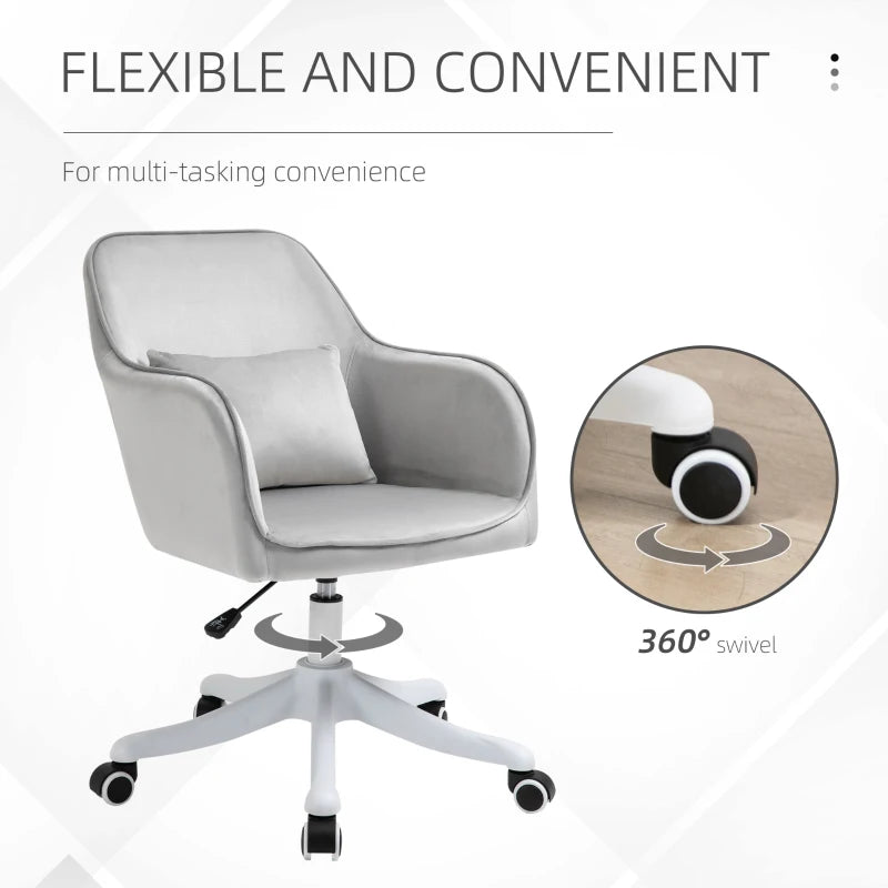 Vinsetto Grey Velvet Office Chair with Massage Lumbar Pillow, Rolling Wheels - Stylish Desk & Makeup Vanity Chair for Home