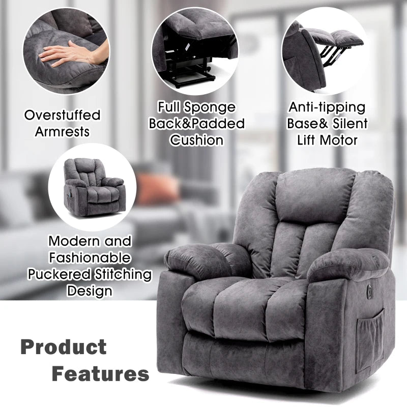 Ergonomic Power Massage Recliner Chair with Heat, Vibration, USB Ports and Safety Mechanism - Dark Grey