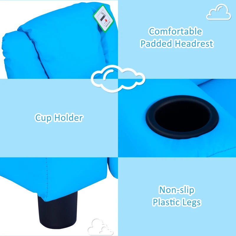 Kids Recliner Chair - Blue PU Leather, Adjustable Backrest & Footrest, Padded Headrest for Comfort - Perfect for Playtime!