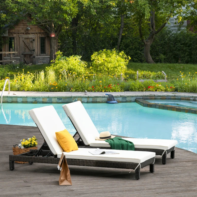 2 Seater Rattan Sun Lounger Set - Brown/Cream White