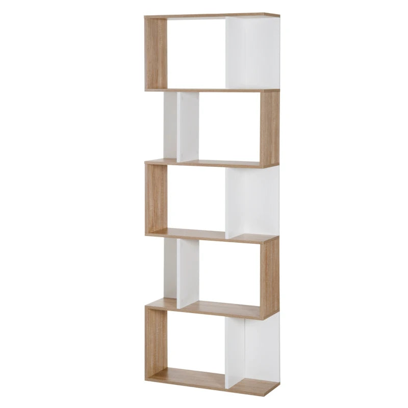 S-Shaped Wooden Bookcase - 5/6 Tier Freestanding Oak & White Bookshelf for Home Office Storage & Display, 24D x 60W x 184.5H