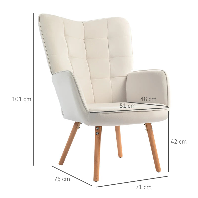 Modern Velvet Accent Chair Set of 2 - Tufted Wingback Armchairs, Cream White Upholstered Lounge Chairs with Wood Legs