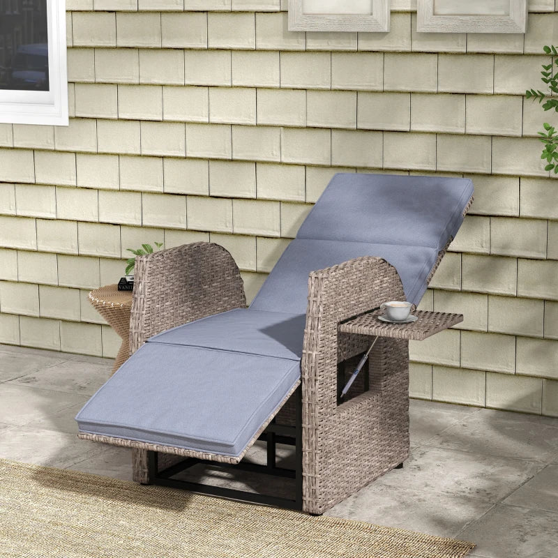 Reclining Rattan Garden Armchair with Footrest - Brown/Grey