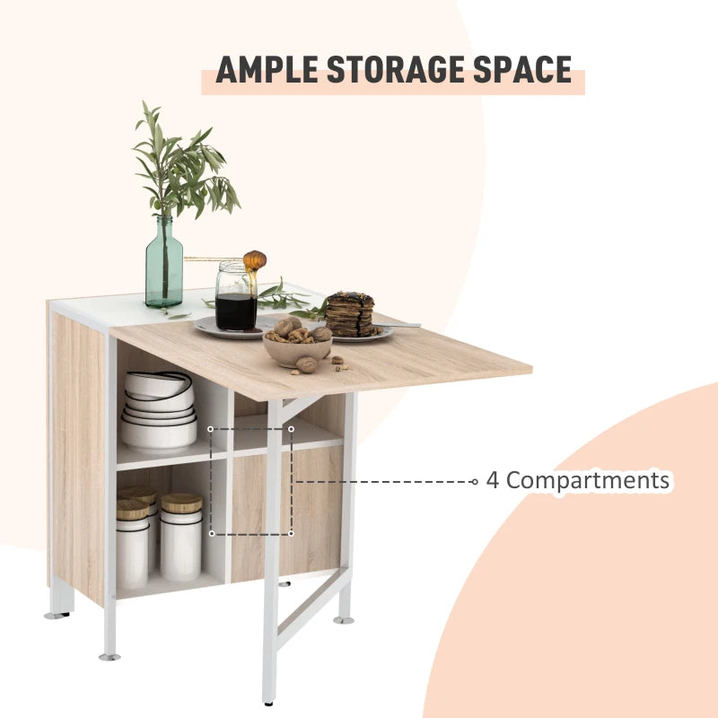 Foldable Drop Leaf Dining Table with Storage Shelves - Compact Oak & White Workstation for Small Spaces
