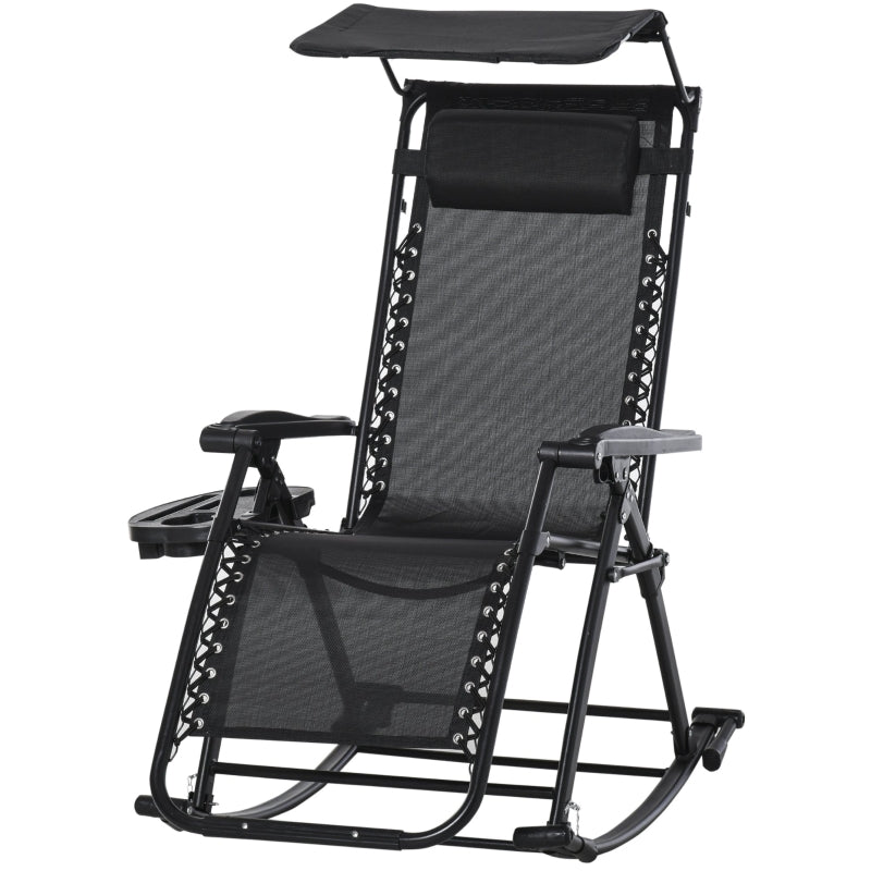 Black Folding Rocking Sun Lounger with Headrest & Side Holder
