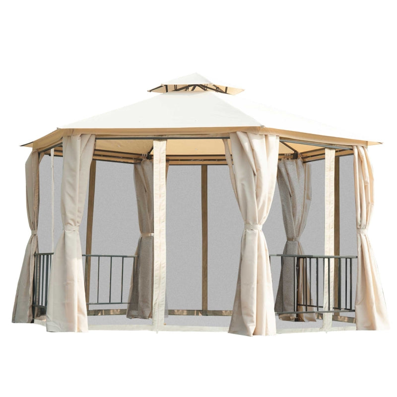 Beige 3m x 3m Hexagonal Gazebo With Curtains