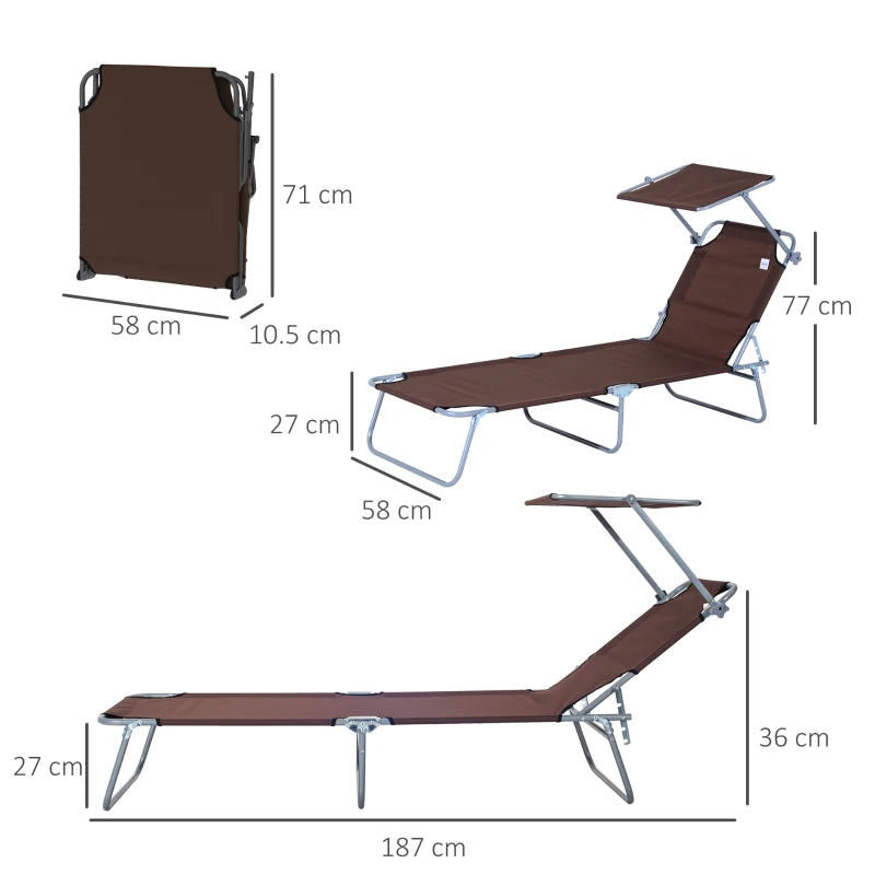 Brown Foldable Sun Lounger Set with Adjustable Backrest and Sun Shade Awning