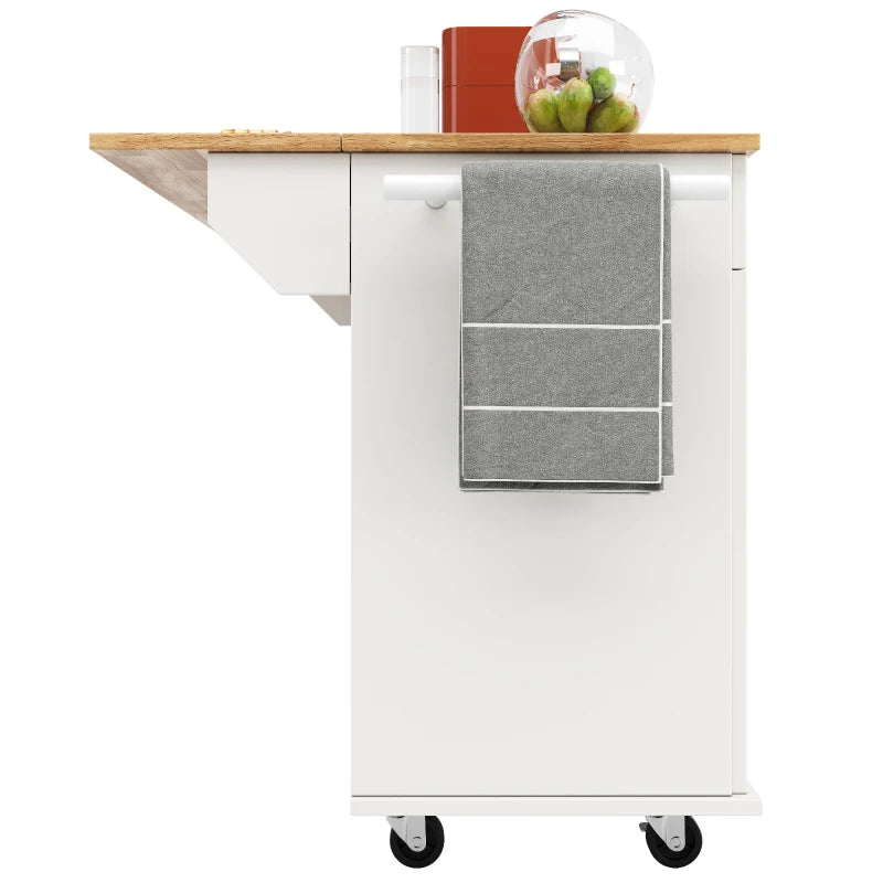 Waterproof Kitchen Island Trolley with Rolling Casters & Adjustable Shelf - Elegant White Kitchen Cart with Folding Side Board, 128L x 78W x 90.5H cm