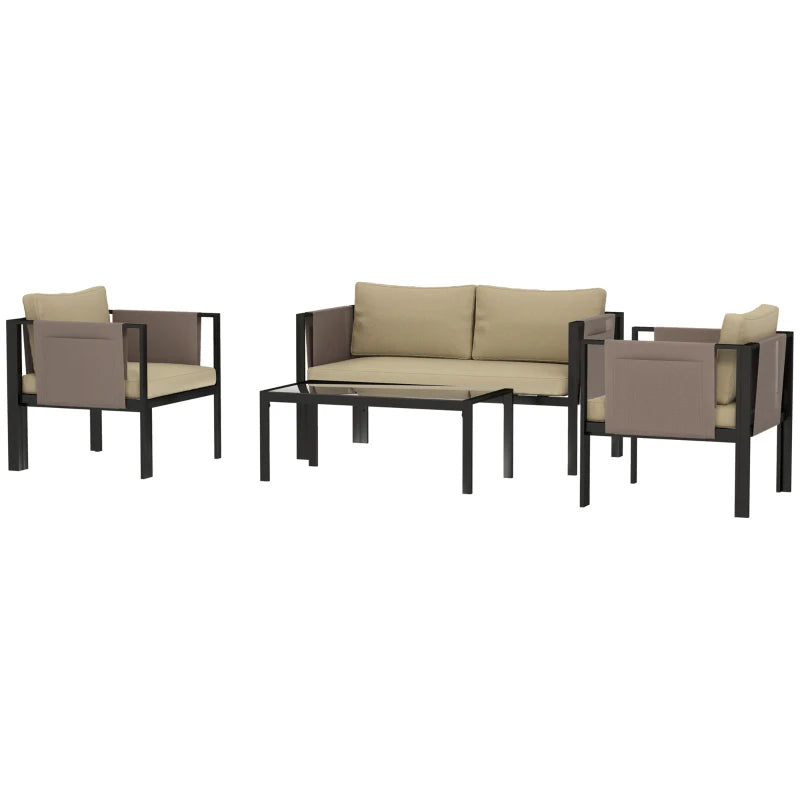 4 Piece Metal Garden Furniture Set with Glass Table and Cushions for Outdoor Relaxation