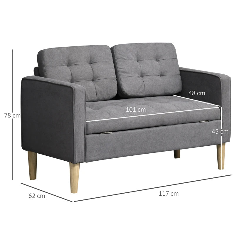 Compact 2 Seater Sofa with Hidden Storage, 117cm Tufted Cotton Couch for Living Room or Kitchen, Grey