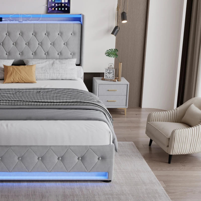 4ft6 Upholstered Double Bed with Velvet Headboard, 4 Storage Drawers, LED Lights & Charging Socket - Grey, 206L x 143W x 115H cm