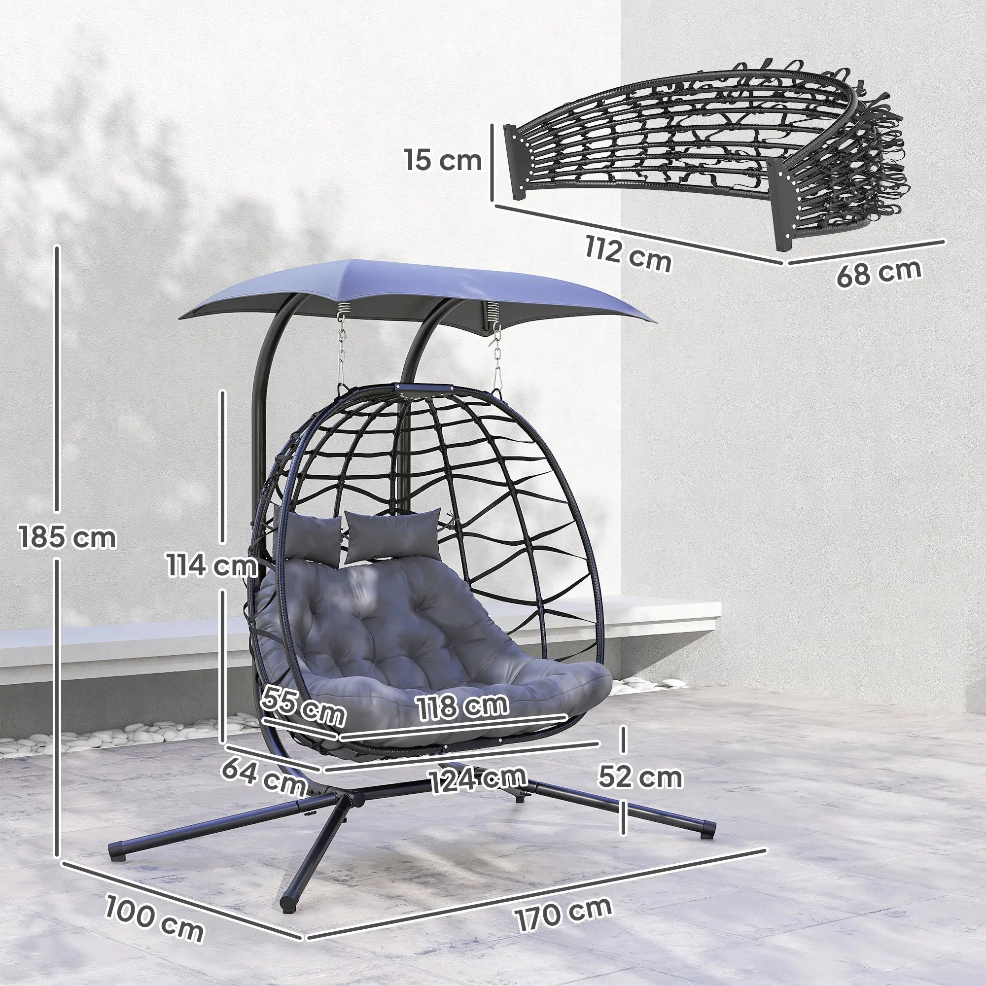Rattan Double Hanging Egg Chair with Canopy - Foldable Swing/Egg Chair with Cushion, Head Pillows, Stand & Steel Frame