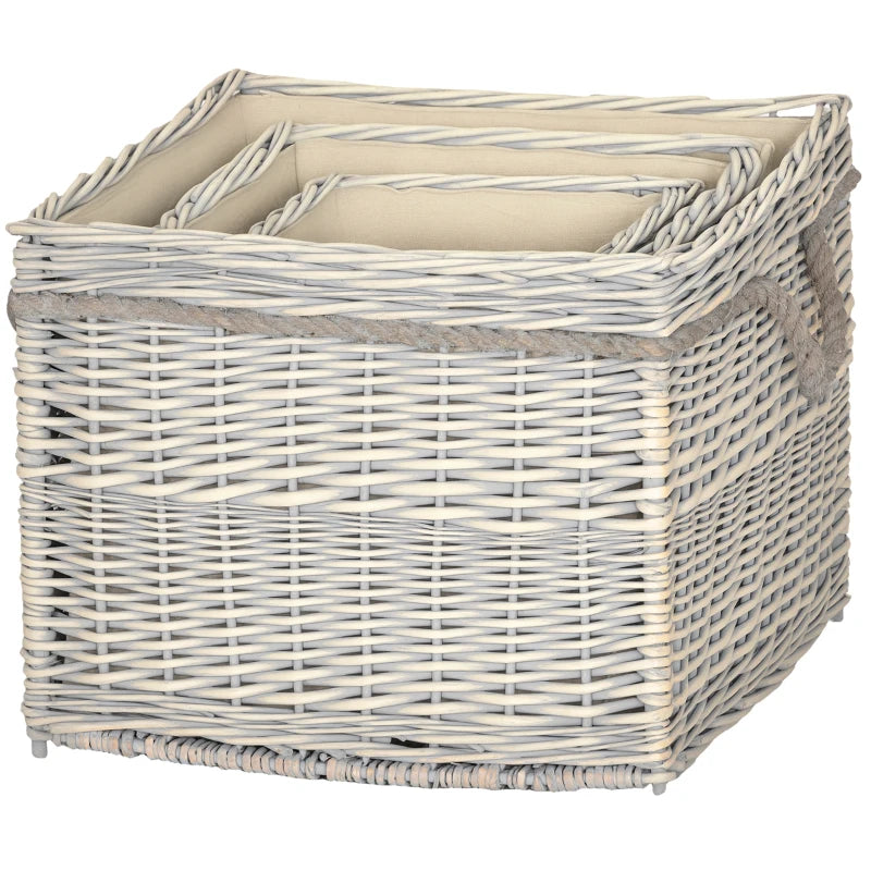 Set of 3 Beige Round Log Baskets with Lining & Rope Handles - Ideal for Wood Burner, Fireside Storage & Blankets