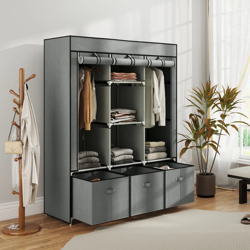 Portable Fabric Wardrobe with Shelves and Hanging Rails for Bedroom Storage Light Grey