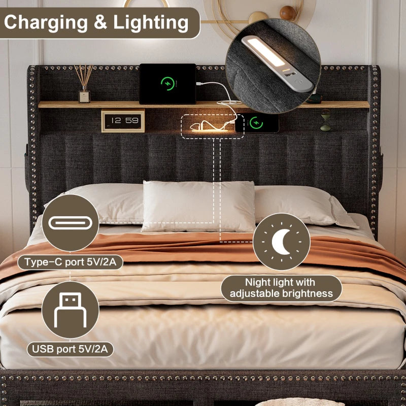 Double Upholstered Bed with Storage Drawers and Charging Ports in Grey Linen Frame