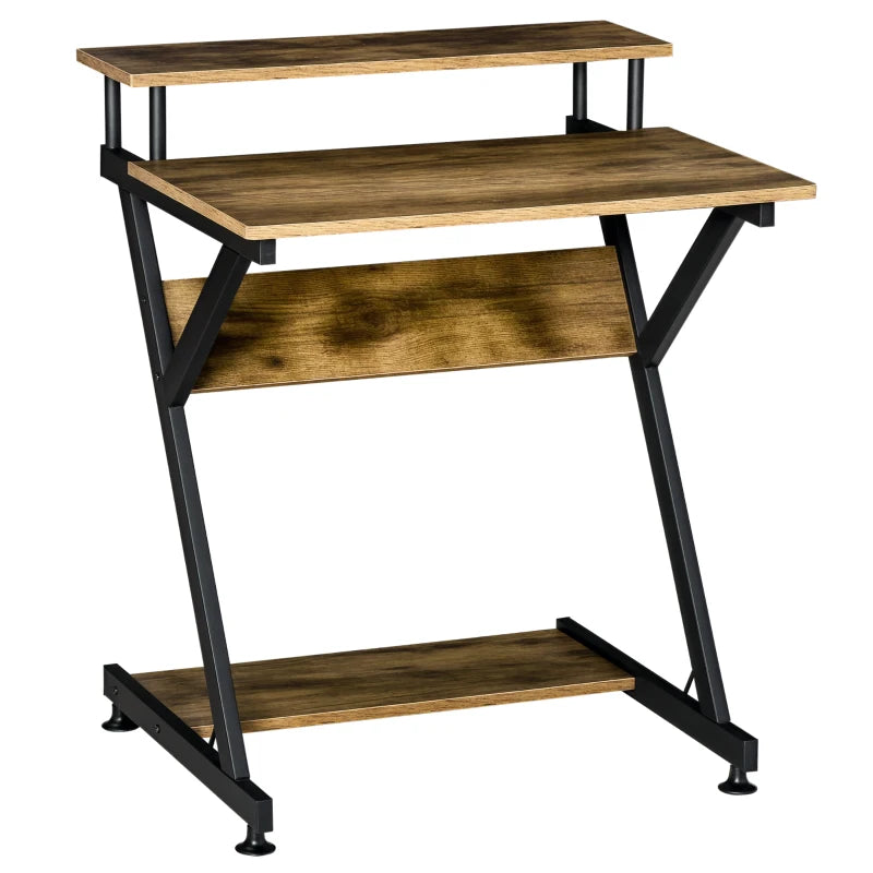 Industrial Computer Desk with Monitor Stand - 70x60cm Compact Home Office Desk for Small Spaces - Rustic Brown Finish