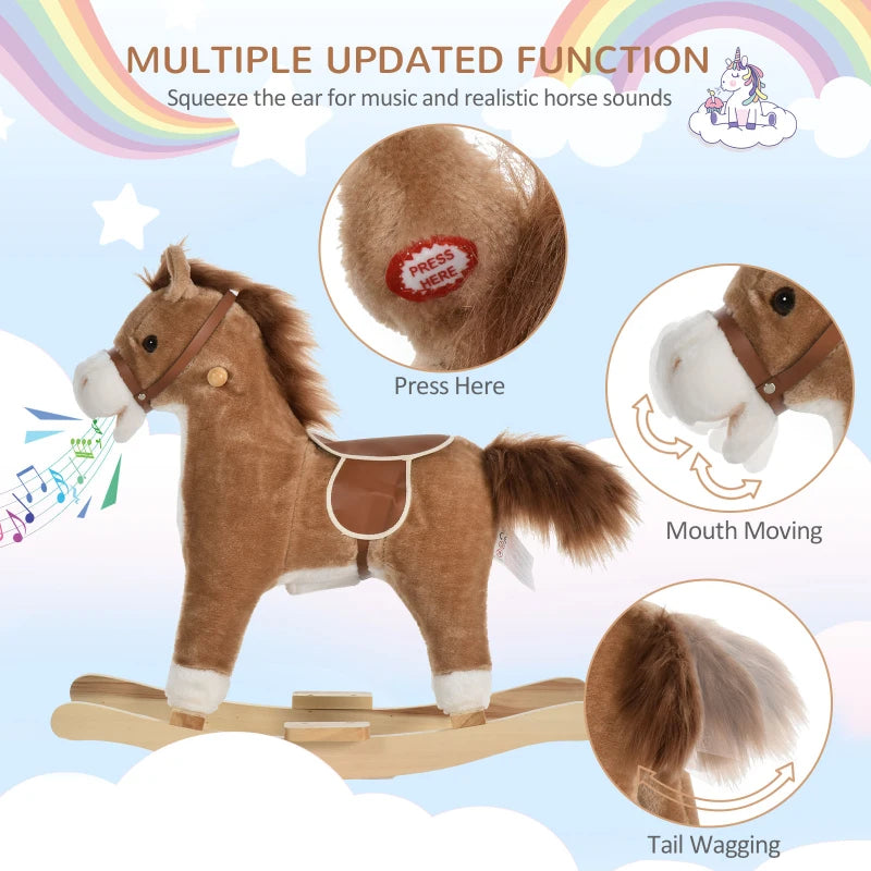 Kids Classic Rocking Horse with Moving Mouth & Neighing Sounds - Brown Plush Toy for Fun Playtime