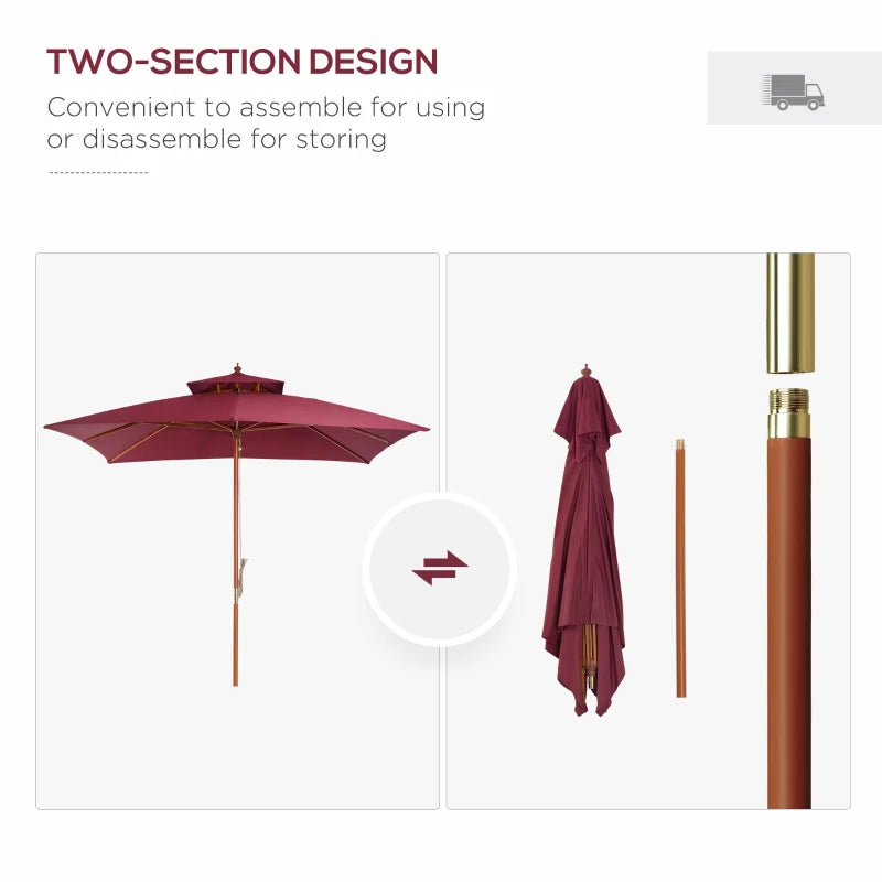 Double Tier Wine Red Wooden Garden Parasol Umbrella