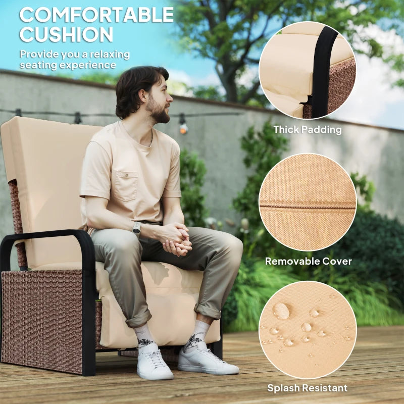 140° Reclining Rattan Armchair - Brown and Khaki Outdoor Lounge Chair for Comfort